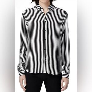 The Kooples Black and White Striped Silk Collarless Button-Down Blouse - Size XL